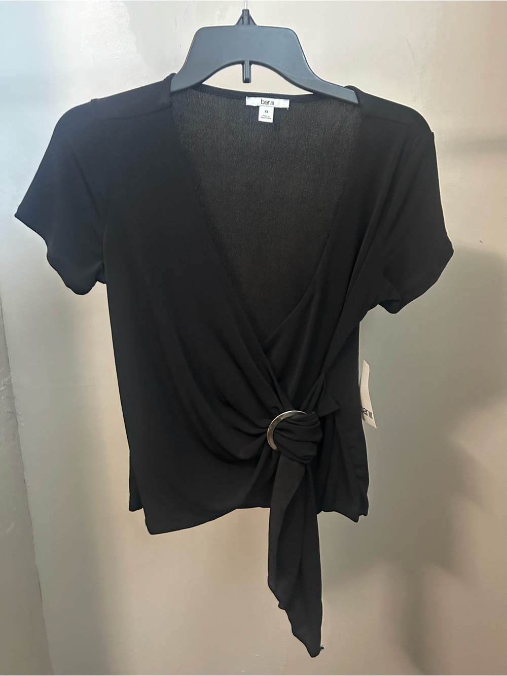 Bar III Black Faux Wrap Ring Detail Top NWT XS